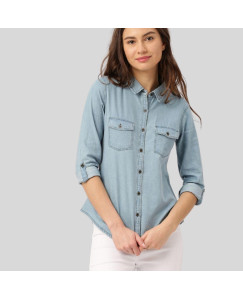 Womens Denim Solid Casual Collared Neck Shirt Light Blue